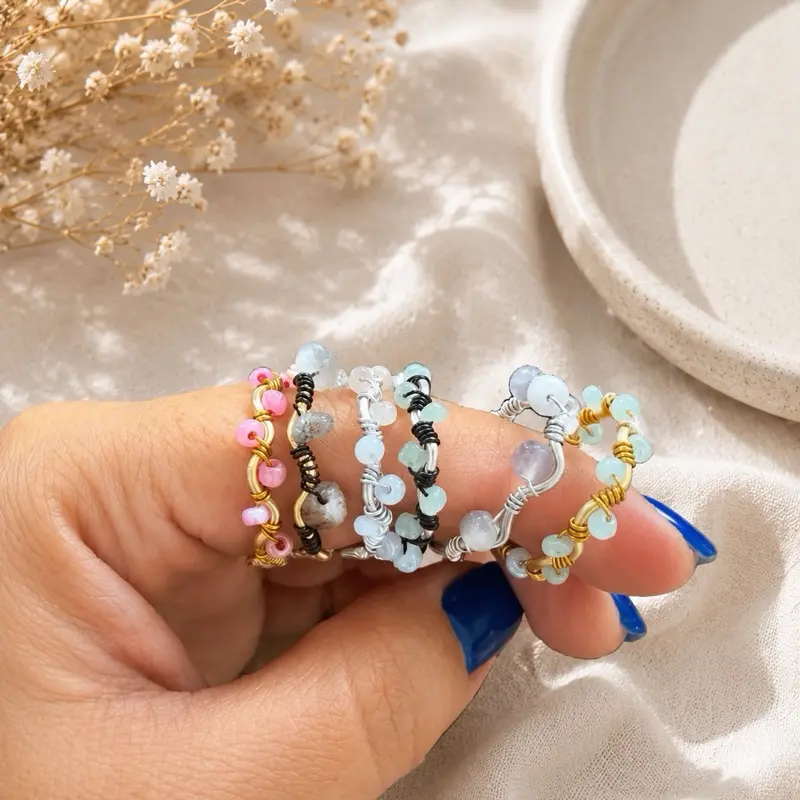 Minimalist Wire-Wrapped Beaded Adjustable Rings, Customized Adjustable Couples Rings for Casual Everyday Wear