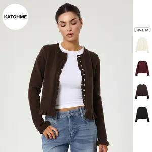 KatchMe Women's Basic Knit Solid Color Button-Up Lettuce Trim Long Sleeve Cozy Cardigan, Fall & Winter Outerwear Jacket, Soft Round Neck Sweater