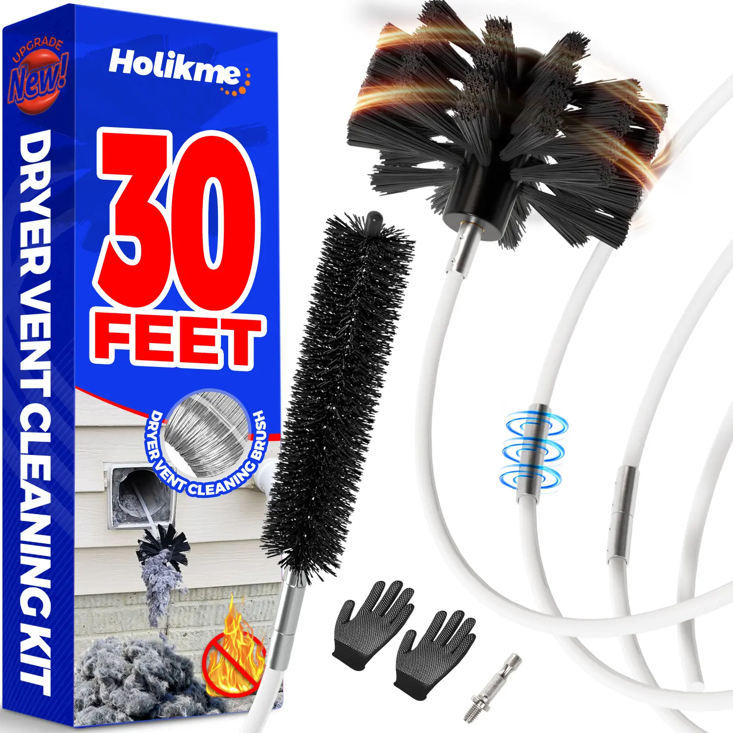 Holikme 30FT Dryer Vent Cleaner Kit, Lint Remover & Fireplace Chimney Brush, Extends Up to 30 Feet with Drill Attachment, Flexible Nylon Rods & Synthetic Brush Head, Use with or Without a Power Drill