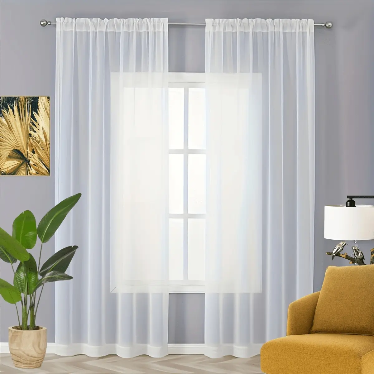 2pcs Solid Sheer Fabric Curtain, 2pcs Solid Rod Pocket Top Decorative Draperies For Living Room & Bedroom, Window Treatment For Bedroom Living Room
