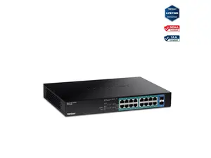 TRENDnet 18-Port Gigabit PoE+ Switch, 16 x 30W PoE+  Ports, 2 Gigabit SFP Slots, 240W PoE Budget, 36Gbps  Switching Capacity, 1U 19 Rack Mountable, Lifetime  Protection, Black, TPE-TG182