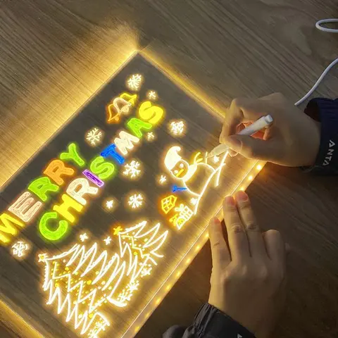 FCESUY Rewritable LED Illuminated Message Board - Office Presentation Tool, Transparent Light-Up Drawing Board, 7 Multi-Colored Pens, Great for Children, Bedroom House Decoration
