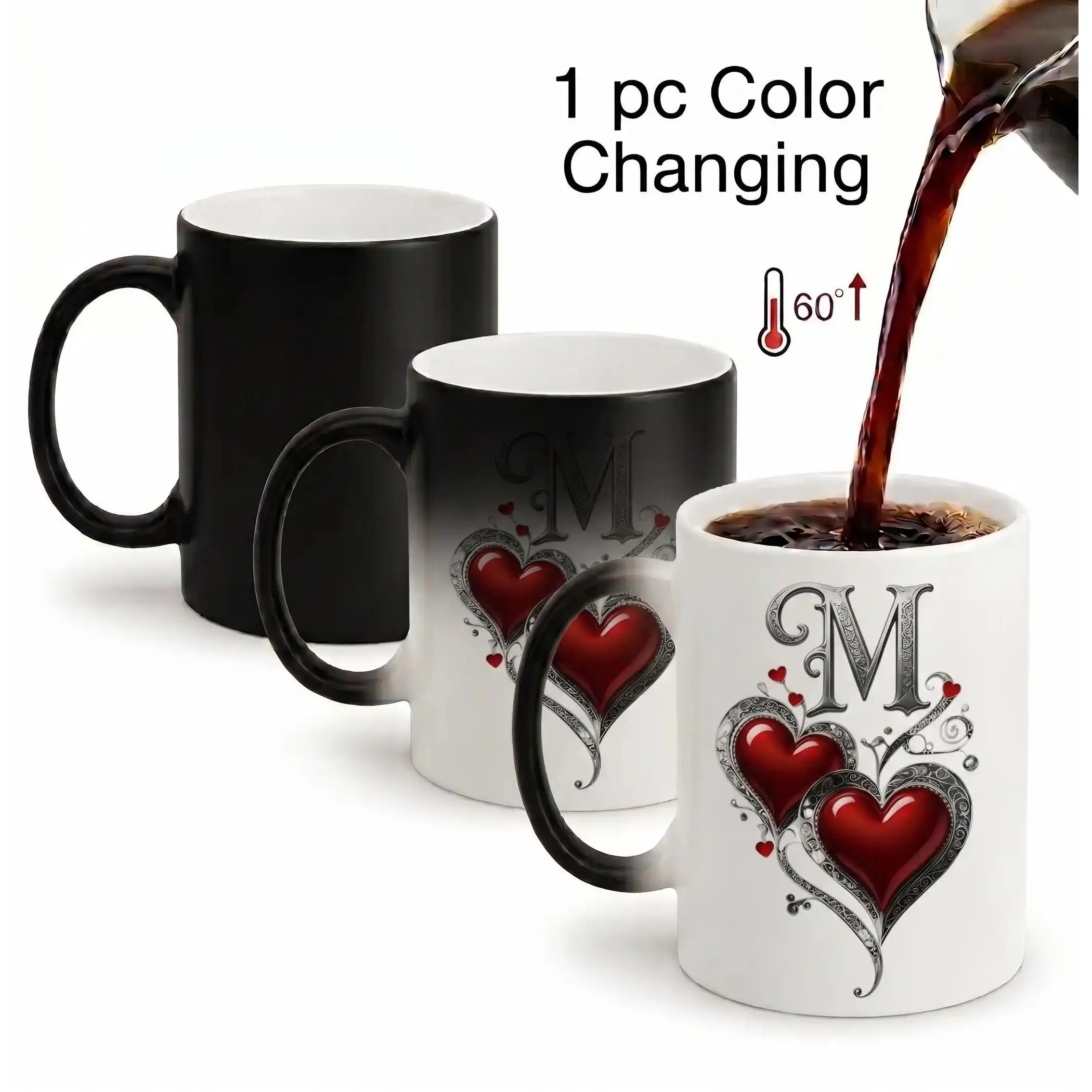 Heat-Sensitive "M" Initial Watercolour Heart Design Magic Color-Changing Ceramic Mug with Handle - Stripes, Letters, Heat-Resistant Thermal Kitchenware Drinkware for Adults, Mother’s Day Gift
