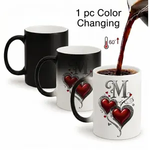 Magic Color Changing Mug with Handle, "M" Initial Magic Color Changing Mug - Heart Design Mother's Day Gift, Heat Sensitive Ceramic Coffee Cup for Mom, Unique Birthday Surprise for Her,Special Holiday Surprise Gift for Mom or Mother-in-Law