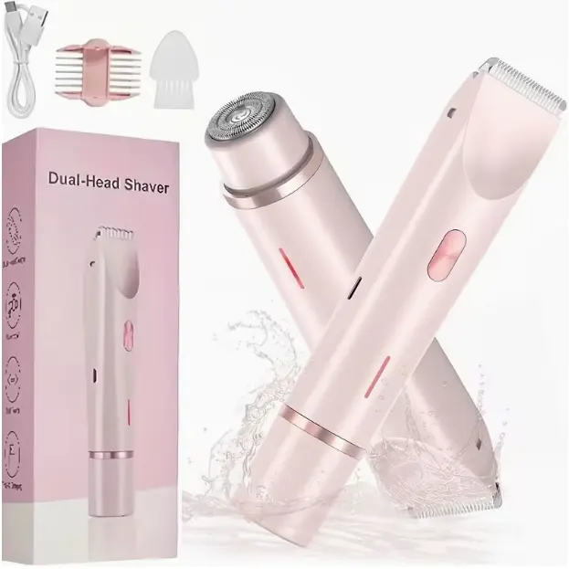 Women's 2-in-1 Electric Razor Clipper - Rechargeable Stainless Steel Dual Heads, Skin-Friendly Painless Shave, IPX7 Waterproof, Cleansing, Travel/Business Trips Friendly, 2-in-1 Body Trim for Pubic, Face, Arms, Thong Bikini Grooming Gift