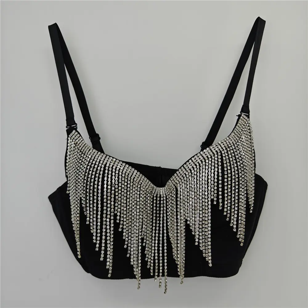 Tank Tube Halter Tops Bra Blusas Short Handmade Rhinestone Tassel Glisten Elevated Going Out Tops Corset Spring Summer Outfits Weighted Vests Woman Fishbone Sling Wedding Party Blind Date Stage Party Shaper Ladies Crop Tank Halter Tube Top