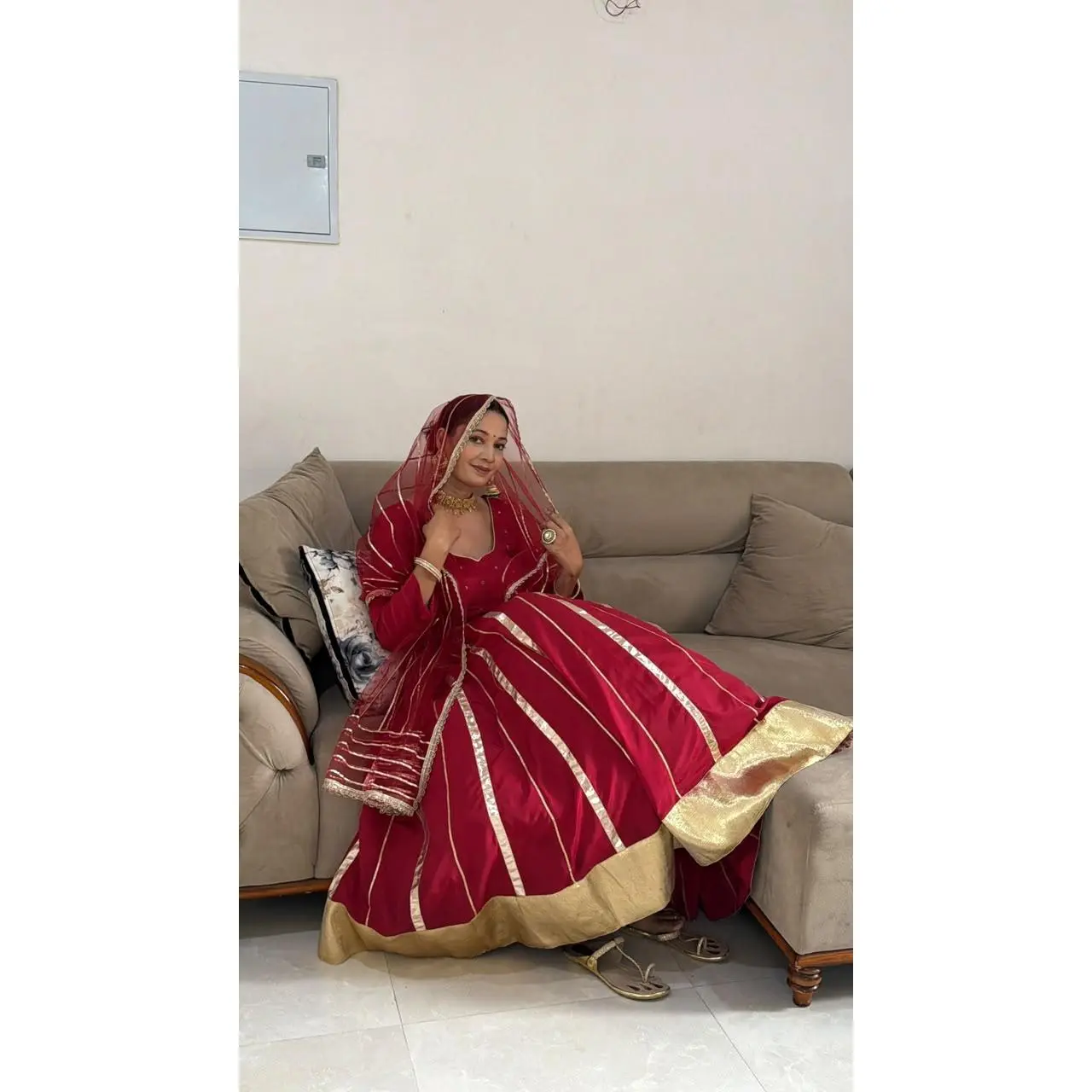 Luxury Red Gota Lehenga Set – Crepe with Gota Work, Hand Embroidered Stretchable Blouse & Net Dupatta