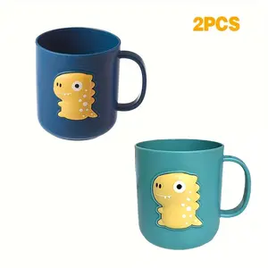 2pcs Cartoon Dinosaur Pattern Mouthwash Cup, Cute Toothbrush Cup, Plastic Gargle Cup with Handle, Bathroom Tumbler for Ho