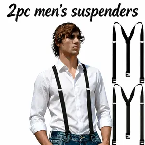 2 Pack Men's Adjustable Suspenders, Elastic Black Suspenders with Secure Buckles, Stretch Straps for Daily Wear and Outdoor Activities