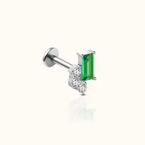 Rectangle Green CZ and Triple CZ Accents Threadless Labret Titanium Flat Back Earring
