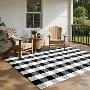 Buffalo Plaid Rug 5 x 7 ft Black and White Checkered Area Rug  Hand-Woven Indoor Outdoor Rugs Carpet for Patio, Living Room, Dining Room, Bedroom