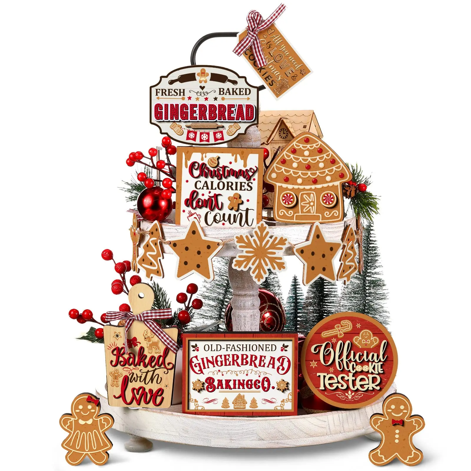 15-Piece Christmas Winter Decor Set, Layered Tray Decoration Kit, Snowman Table Wooden Sign, Warm Winter Desktop Wood Blocks, Holiday Centerpiece Wooden Ornaments, Home Decor Ornaments
