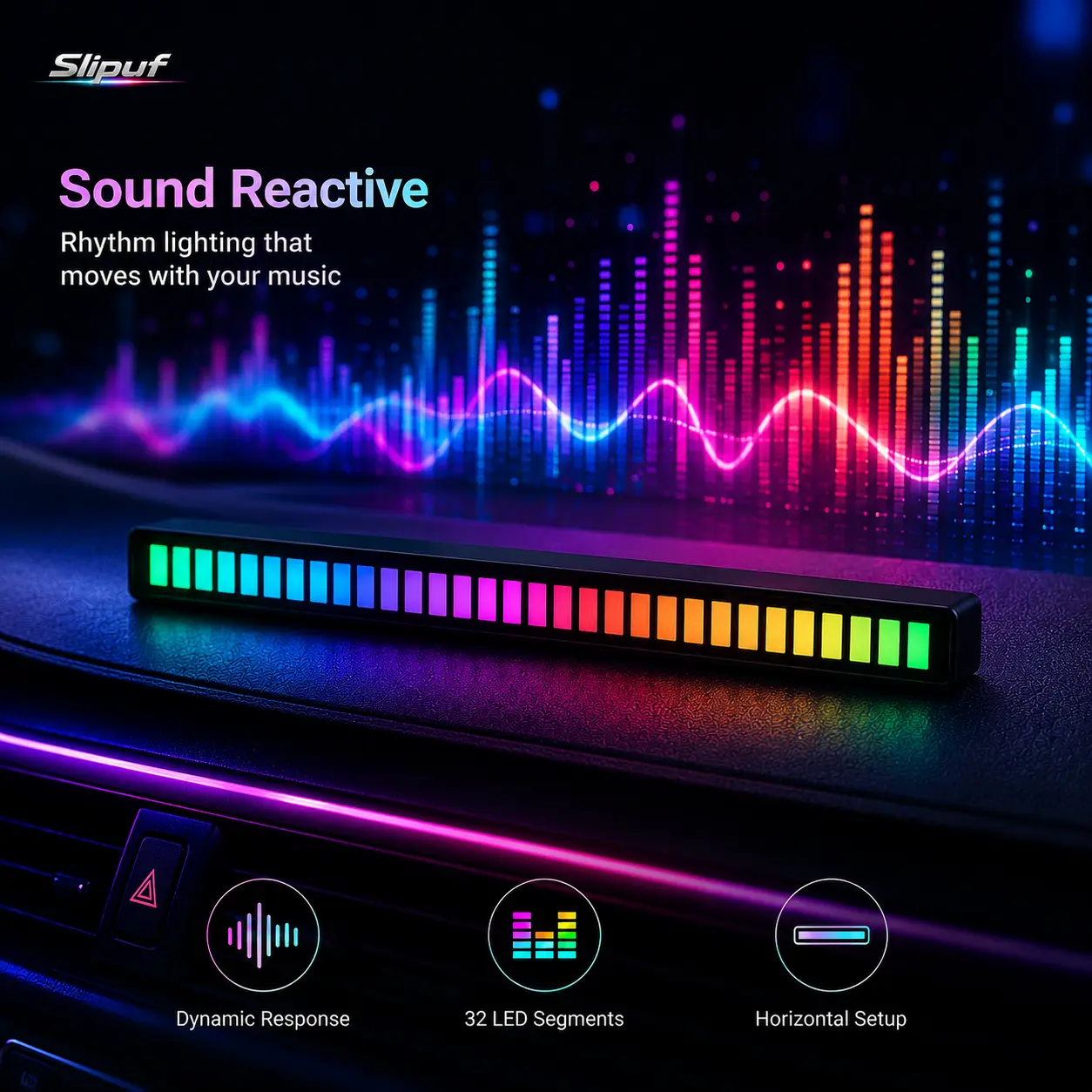 Slipuf Rechargeable Sound Reactive RGB LED Light Bar, 32 LED Music Rhythm Light with 12 Modes, 5 Speeds & 5 Brightness Levels, Voice/Sound Activated Ambient Light for Car Interior, Gaming Setup, Desk & Room Decor