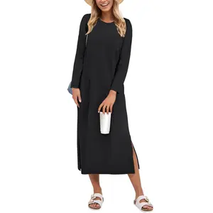 ANRABESS Women 3/4 Long Sleeve Crewneck Striped Casual Slit T Shirt Midi Dresses with Pockets Spring Fall Fashion