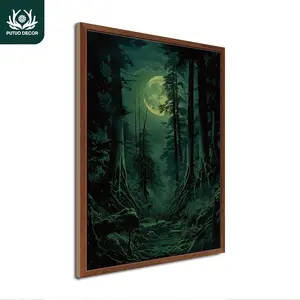 Moon Night Forest Pattern Wooden Painting, Wooden Wall Art Decoration, Wall Hanging Decor for Home Farmhouse Living Room Office Studio Cafe Coffee Shop Bar Club, Ornaments