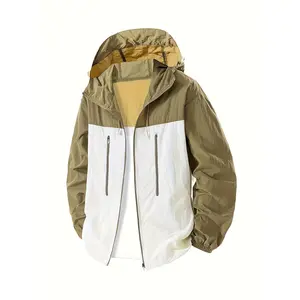 Men'S Lightweight Summer Hooded Jacket - Breathable Windbreaker with Zippered Pockets, Loose Fit Casual Outdoor & Beachwear, Light Blue & White Color Block Design, Summer Windbreaker, Beach Sun Protection, Stylish Zipper Closure, Menswear Coats