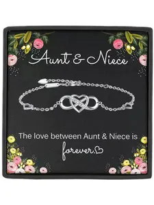 Aunt & Niece Infinity Heart Charms Zircon Stone Bracelet Bangle with Card and Gift Box, Birthday Christmas Perfect Gift for Aunt Niece, Mother's Day Present, Heart Cuff Bracelet
