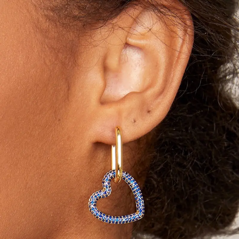 Zenzii Crystal Heart Link Drop Earring - Gold Plated with Blue Crystal Accents for Women's Fashion Jewelry