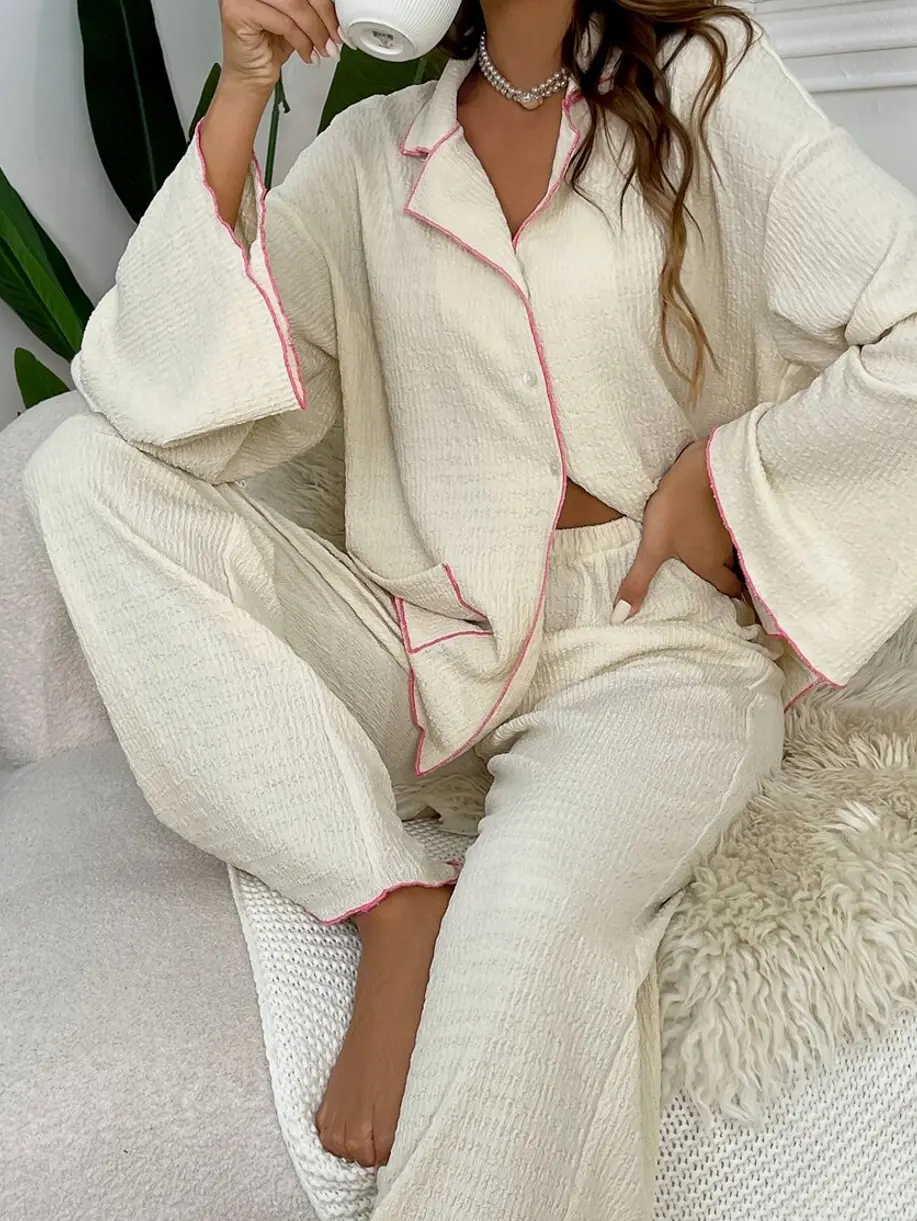 2-Piece Casual Set Featuring Contrast Binding Button Front Long Sleeve Top and Pants in Beige