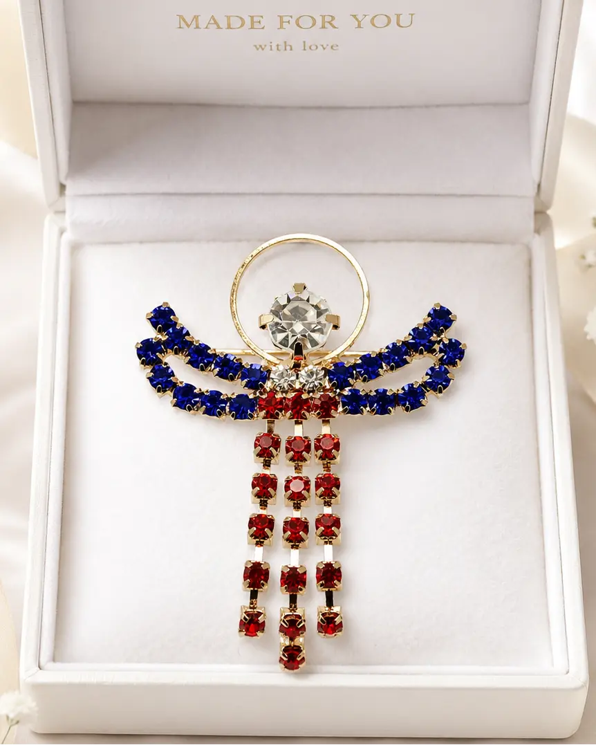 Female Patriotic Dangle Angel Shape Brooch Pin, Gold-Tone Metal Costume Jewelry with Bright Shiny Red-White-Blue Prong-Set Rhinestones, 2.25"x1.5" July 4th Fashion Accessory