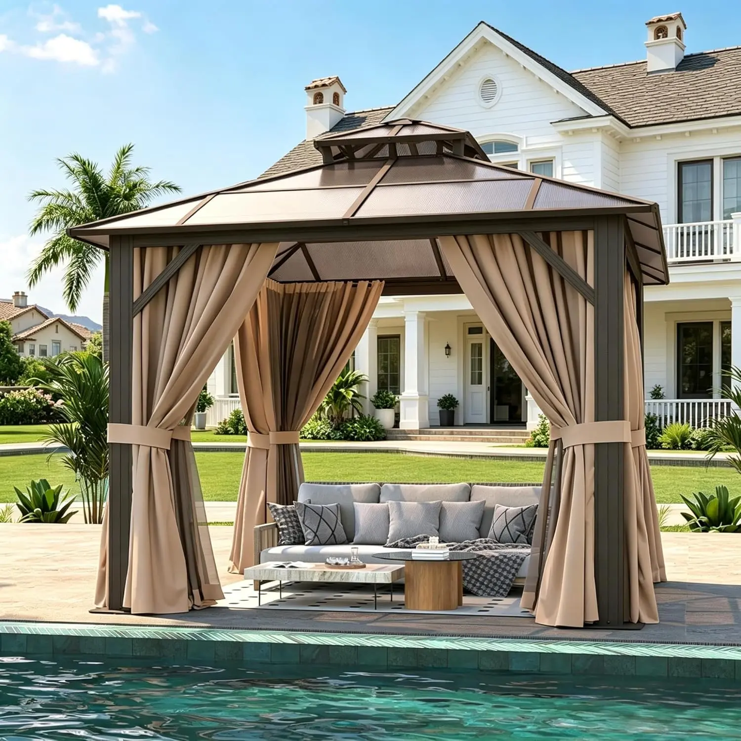 Aoxun Hardtop Gazebo with Double Polycarbonate Roof Outdoor Metal Gazebo Sturdy Frame & Removable Curtains, Netting Permanent Pavilion Pergola for Garden,Patio