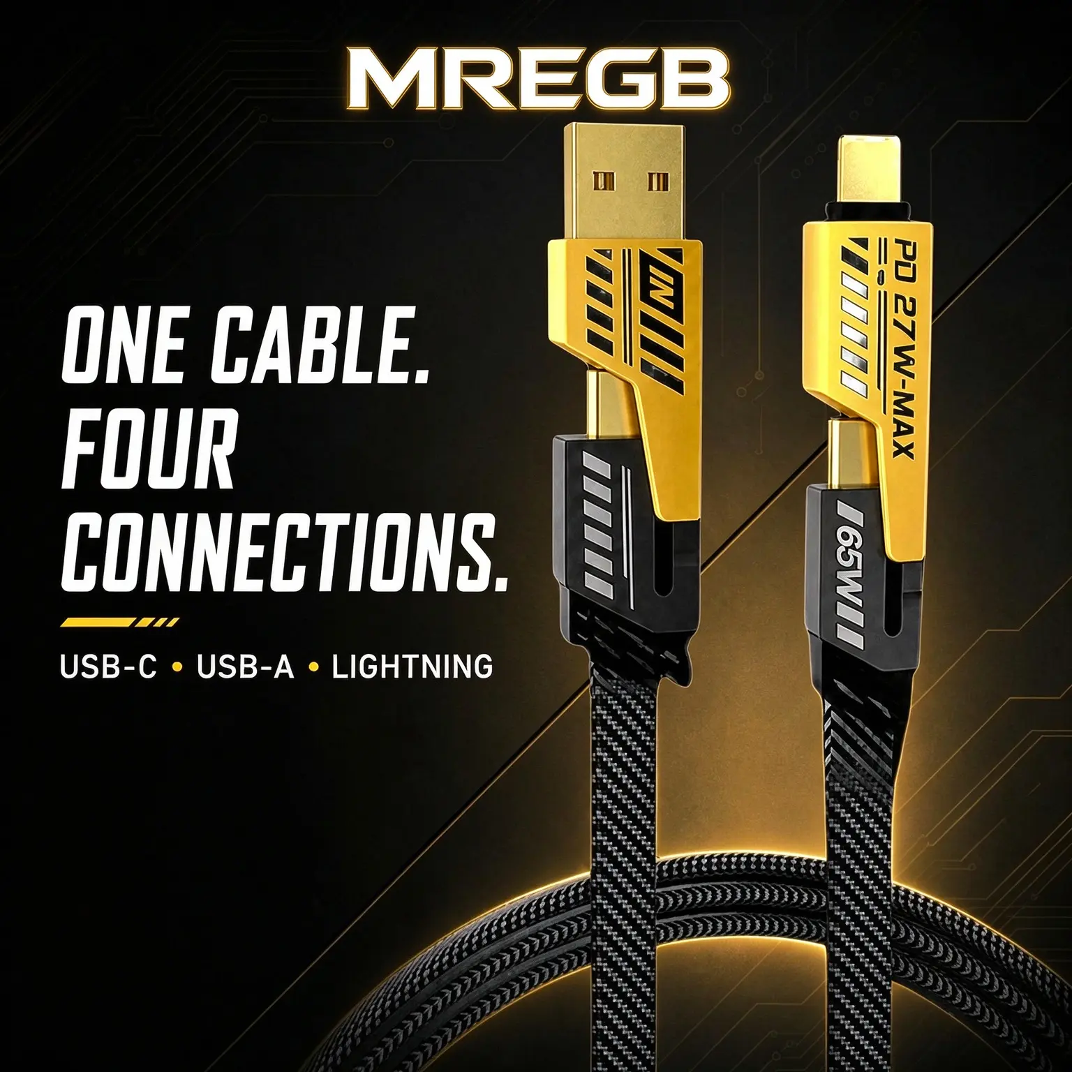 MREGB 4-in-1 Multi-Function Charging Cable, 65W PD Fast Charge Braided Cord with Rotating Flip Adapters | USB-A/USB-C to USB-C/Lightning, Compatible with Phones, Laptops, Tablets, Power Banks for Car, Office and Travel