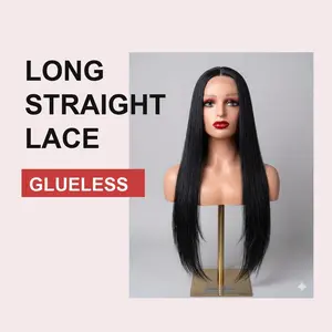 Waist-Length Long Straight Lace Front Wig with Simulated Scalp - Black