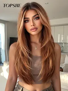 Topshe Reddish Smooth 22 Inch Import Silk Lace Area 13x6 No Bangs Middle Part Layered Long Hair Natural Daily Wear Glueless Curly Wig