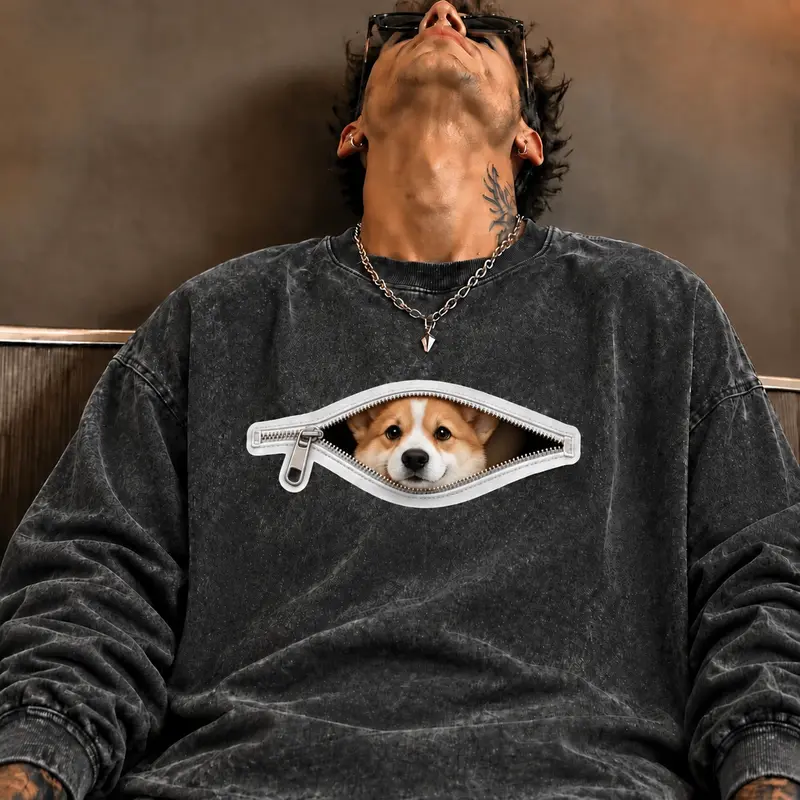 Men's HighQuality Premium Cotton Acid Wash Crew Neck Sweatshirt Cute Corgi Dog Zipper Graphic Print Oversized Relaxed Fit Vintage Stone Washed Casual Streetwear Funny Animal Pattern Soft Comfy Daily Wear Fall Winter Long Sleeve Pullover Top for Dog Lovers