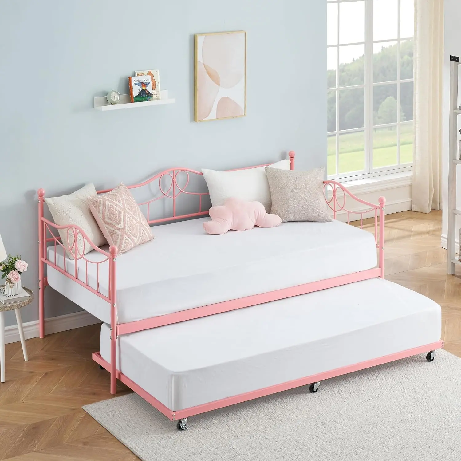Sturdy Twin Size Metal Daybed with Pull-Out Trundle Frame - Steel Slat Support, No Box Spring Needed, 350 lbs per Bed Capacity, Assembly Required, Pink Pull Out Bed for Kids Room, Living Room