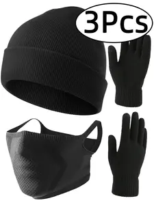 3Pcs-Set Gloves Scarf Hat Three-Piece Set Unisex Casual Fitted Plain Fabric for Fall & Winter Season, Stylish Daily Wear Accessories