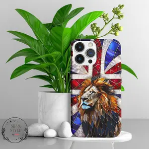 UK Lion Phone Case, Union Jack Stained Glass PRINT Case, British Flag Tough Cover Phone Case IP 17 16 15 14 13 12 Pro Max X