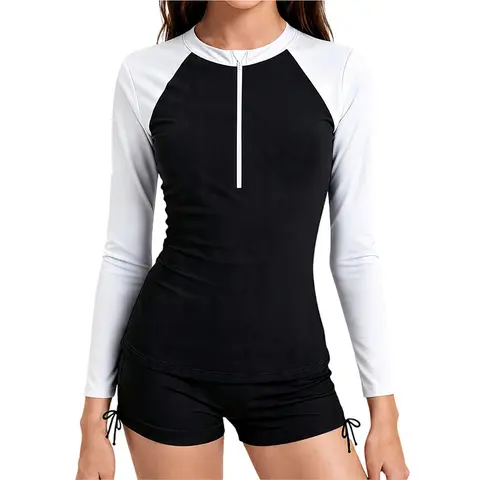 Girls Rash Guard Swimsuit Long Sleeve Color Block UPF 50+ Sun Protection Two Piece Bathing Suits Set 9-16 Years
