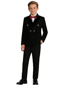 Boys Contrast Lapel Double-Breasted 3-Piece Suit Set | Blazer + Elastic Waist Pants + Bow Tie | Red/Black Available | Perfect for Weddings, Birthdays, Performances, Party & All Formal Occasions (No Shirt Included)-XT8813