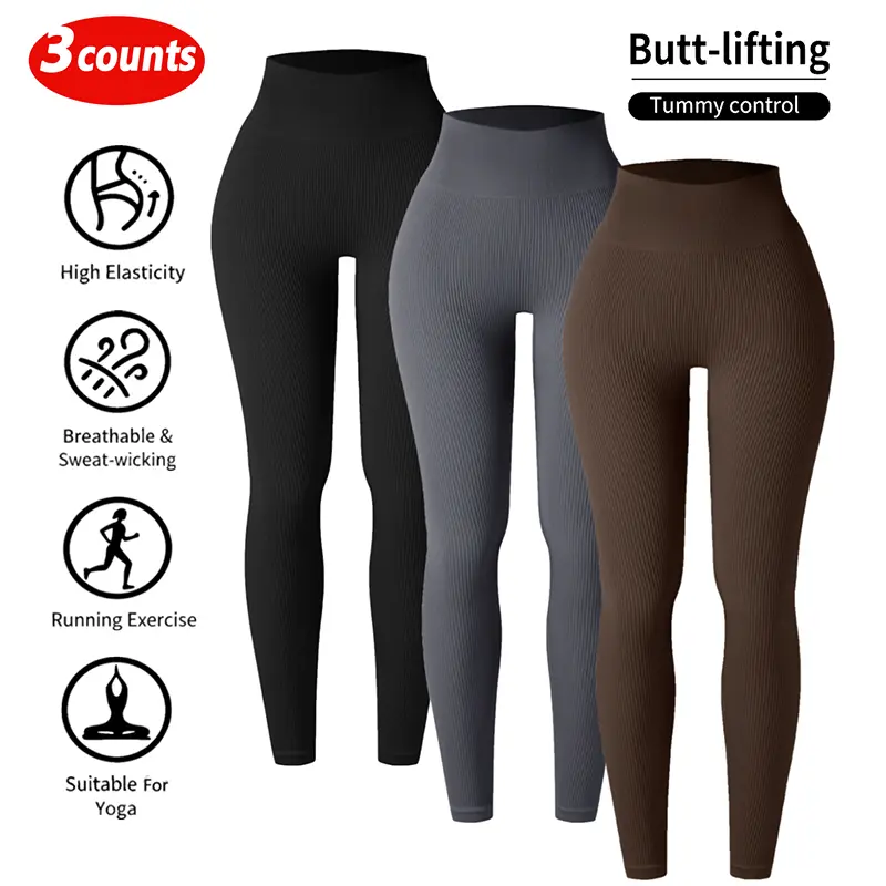Women's Activewear Set, 3-Piece Ribbed Seamless Outfit, High Waist Butt-Lifting Tummy Control Leggings for Yoga and Gym, Women's Clothes, Active Wear, Workout Gear, Quick Dry, Female Stylish Clothes, Anti-Cameltoe Women's Sports Leggings