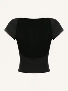 Women's Solid Round Neck Backless Crop Tee, Casual Short Sleeve T-shirt for Summer, Ladies Clothes for Daily Wear
