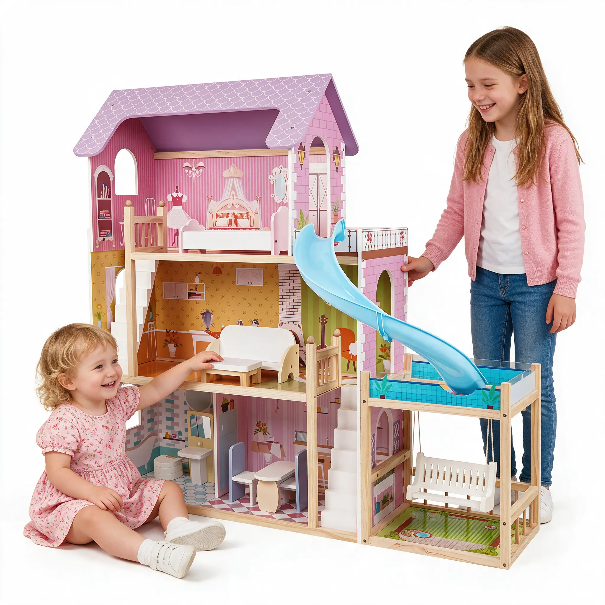 EDUBEBO Classic Wooden Dollhouse for 12 in Dolls - 3-Story Large Playset with Pool, Swing - Pretend Play Toy Gift for Girls Ages 3+, Girl