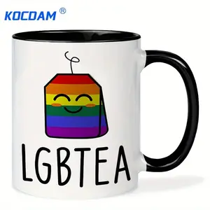 1pc 11oz LGBT Pride Coffee Mug - LGBTEA Rainbow Tea Bag Design with Smiling Face, Bi & Trans Support, White & Black Handles, Playful Inclusive Drinkware for Lesbian, Gay, Queer Allies & LGBTQ+ Community, Durable
