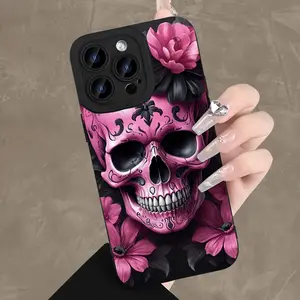 Skull UV Print Phone Case Cover, Soft Tpu Protection for iPhone & Samsung Models, Trendy Halloween Gift Idea, Stylish Floral Design