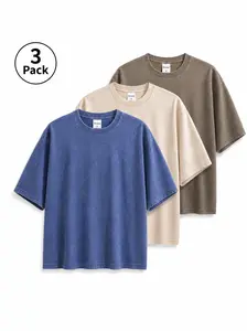 Men's 3-Pack Short-Sleeve Crewneck  - 100% Cotton, 230GSM, Washed Vintage, Oversized Unisex Menswear Basic Tops for Casual Outfits,  loose fashion tee trendy sleeve top streetwear short sleeve top attire t-shirt tshirt