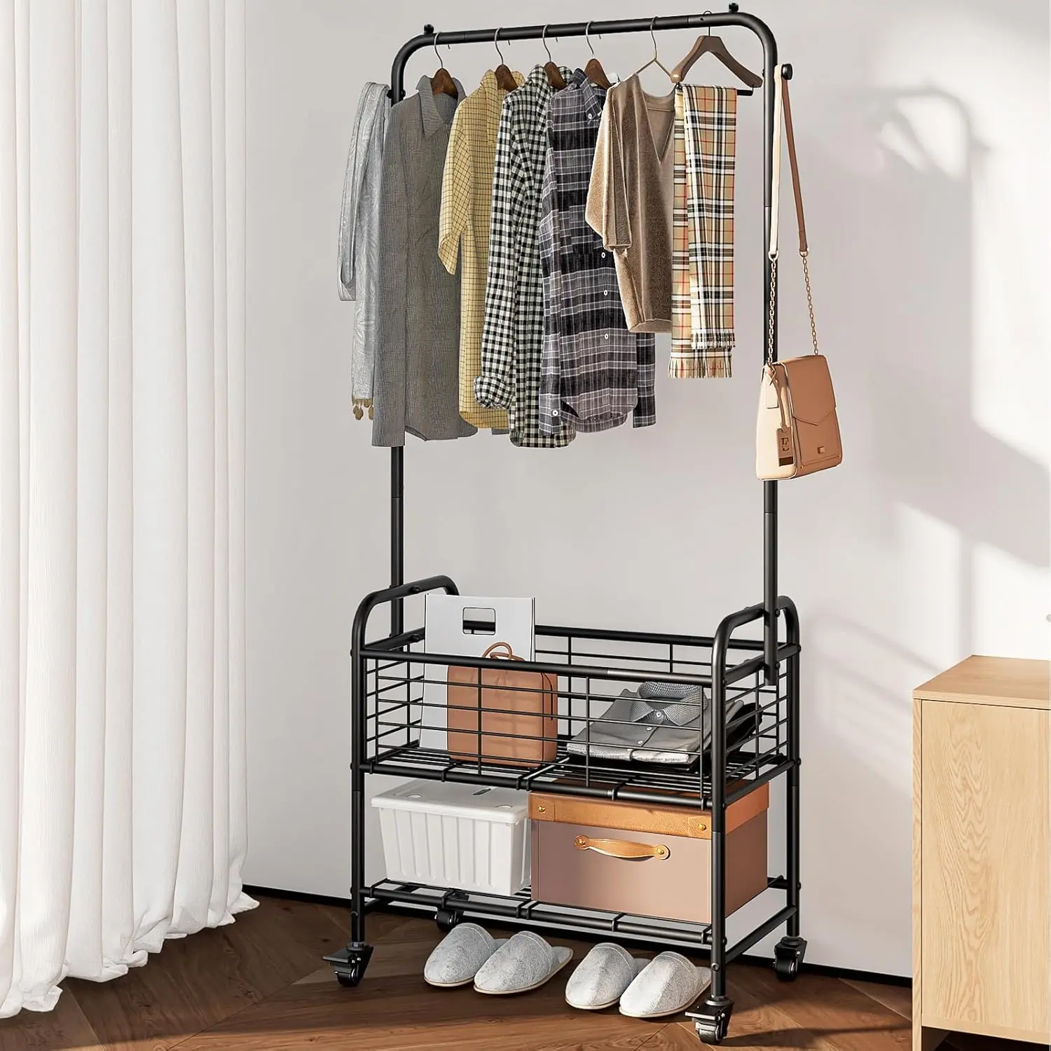INGIORDAR Metal Adjustable Sturdy Rectangle Rolling Laundry Cart with Wheels, Brakes, Sorter, Shelf & Hanging Rack, 16.55"D x 26"W x 70.25"H, Storage Organizer for Dirty Clothes Sorting