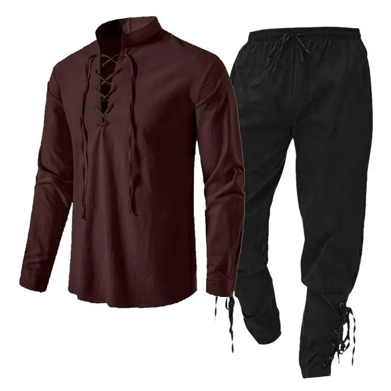 2PcsMen'sMedievalKnightCostumeSetRenaissanceCosplayPirateShirtsAnkleBandedPantsForHalloweenCottonLinenFabricMenswearClothesHoodieCasualGamisBeigePlainWhiteBrown 2PcsMen'sMedievalKnightCostumeSetRenaissanceCosplayPirateShirtsAnkleBandedPantsForHalloweenCottonLinenFabricMenswearClothesHoodieCasualGamisBeigePlainWhiteBrown