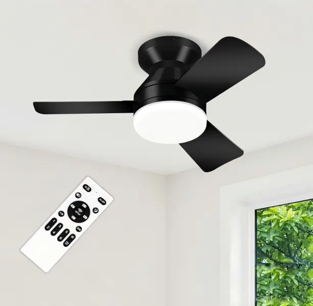 Black 34.6-Inch Flush Mount Low Profile Ceiling Fan with LED Light, 5 Reversible Blades, 6 Wind Speeds, Remote Control, Timer Function, Dimmable 3-Color Temperature for Bedroom, Living Room