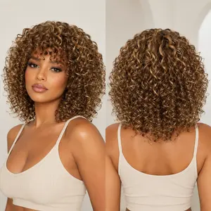 Kinky curly Bob Highlight Brown Short Curly Wig with Bangs Glueless Human Hair for Black  10 inch Wear and Go Brazilian Deep Wave Curly Wigs  Short Water Wave Jerry Curl Wig  None Lace Front  1B piano color wig woman dealsforyoudays