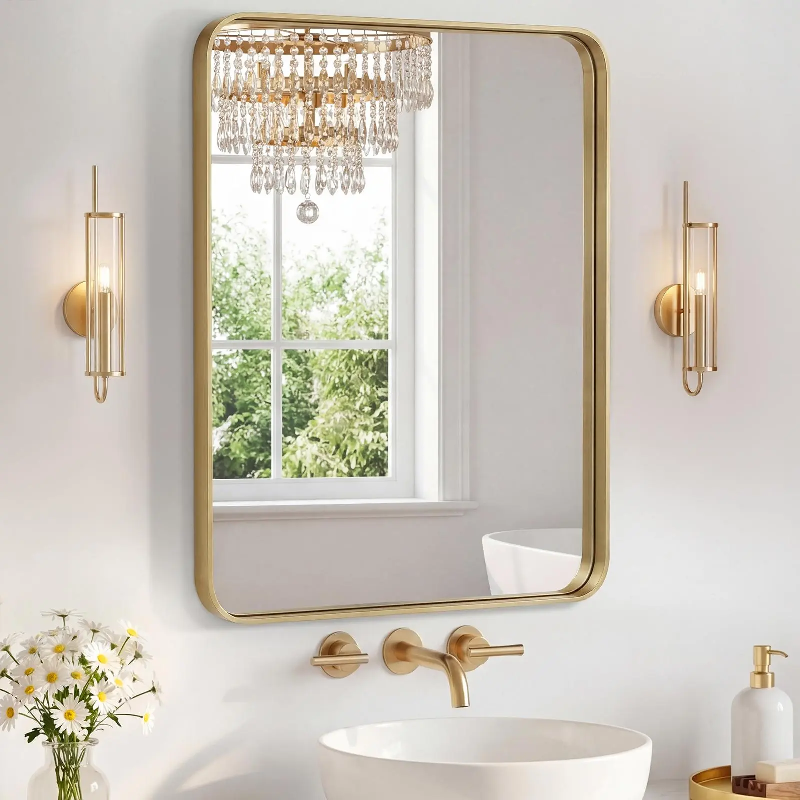 Rounded Rectangle Table Top Vanity Mirror, Metal Frame, Shatter-Proof HD Glass, Wall Mount or Lean, Modern Farmhouse Room Decor, Black/Gold/Silver, 16"x20" to 24"x32"