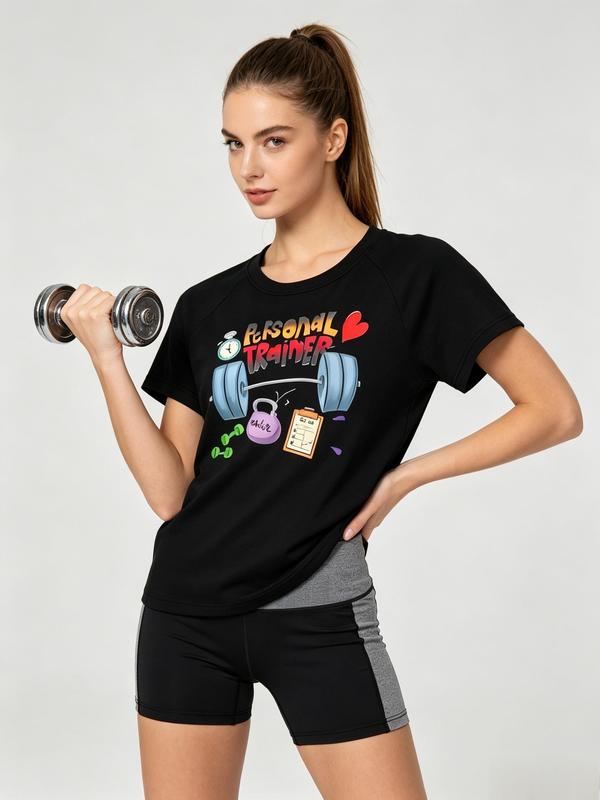 Women's Black Crew Neck Raglan Cropped Short-Sleeve Fitted Quick Dry Cotton Blend Workout T-Shirt - Fitted Shirts, Sporty Sports Tops, Gym Graphic for Personal Trainer Gym Use