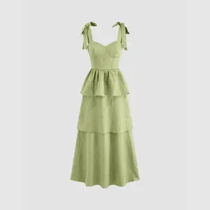 Cider [2 colors, size 0-10] Jacquard Scoop Neckline Solid Bowknot Layered Maxi Dress