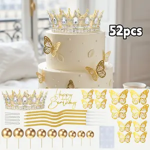 52-Pcs Gold Crown-Shaped Cake Decorations Set with Birthday Toppers, Crown Balls, Candles, Butterfly Accents – Ideal for Princess/Queen-Themed Women's Events, Mom-Focused Camping Kitchen Accessory