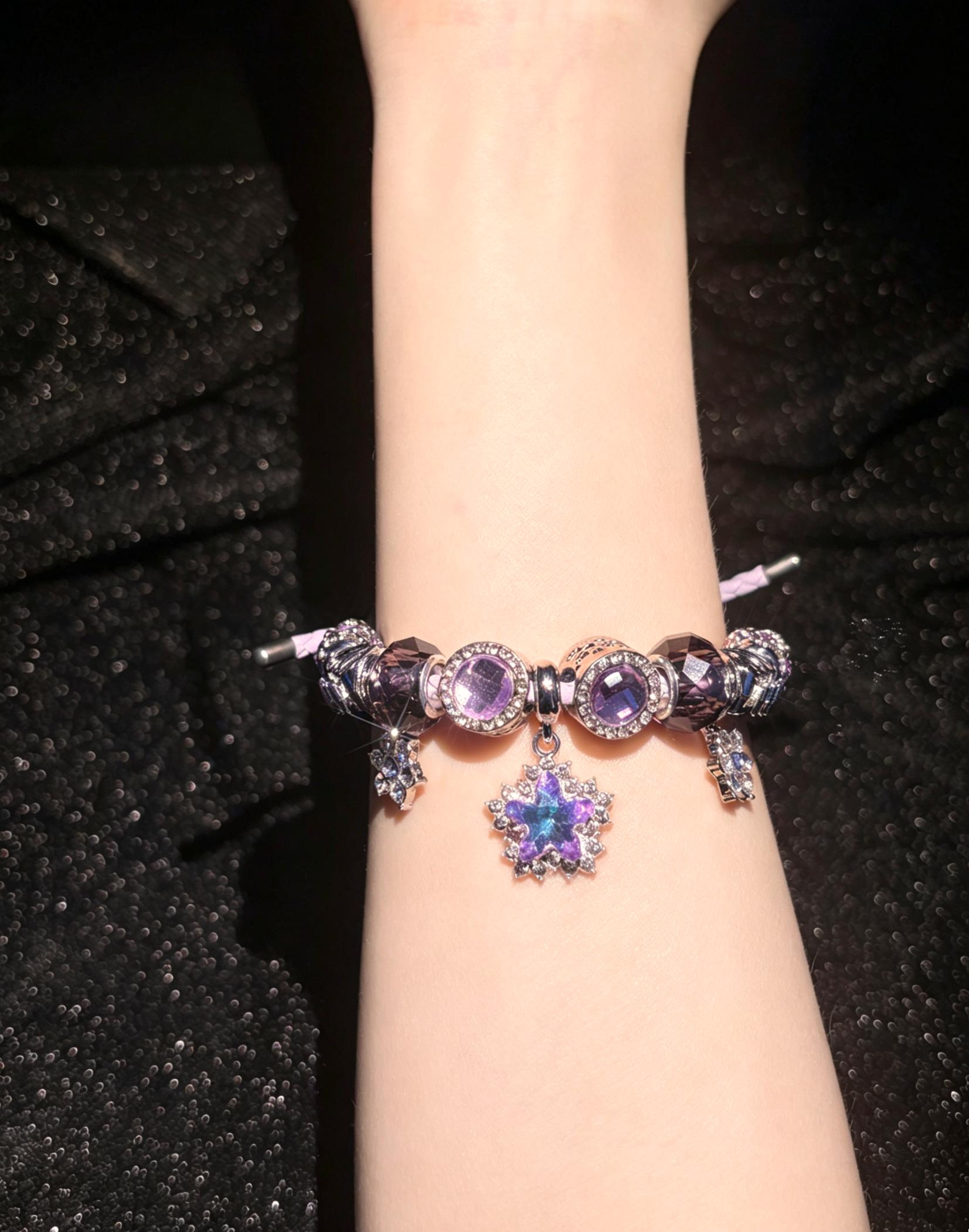 Purple Star & Flower Multi-Charm Braided Rope Bracelet - Sparkly Rhinestone Crystal Decor, Stackable Fashion Jewelry Gift for Women