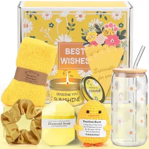 Yellow Spa Gift Basket for Women 10 Piece Self Care Set Tumbler Candle Socks Soap Scrunchie Crochet Duck Gift Box for Mom